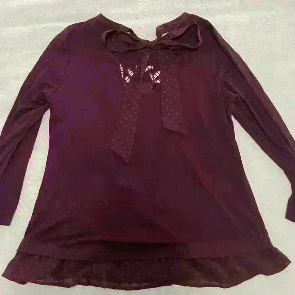 DANIEL RAINN Women M Maroon Layered Cutout Embroidered Scoop Neck-Tie Blouse Top - Picture 8 of 8